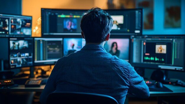 an experienced video editor in a modern editing bay multiple screens displaying video editing tools color correction panels moody lighting premium ai generated image